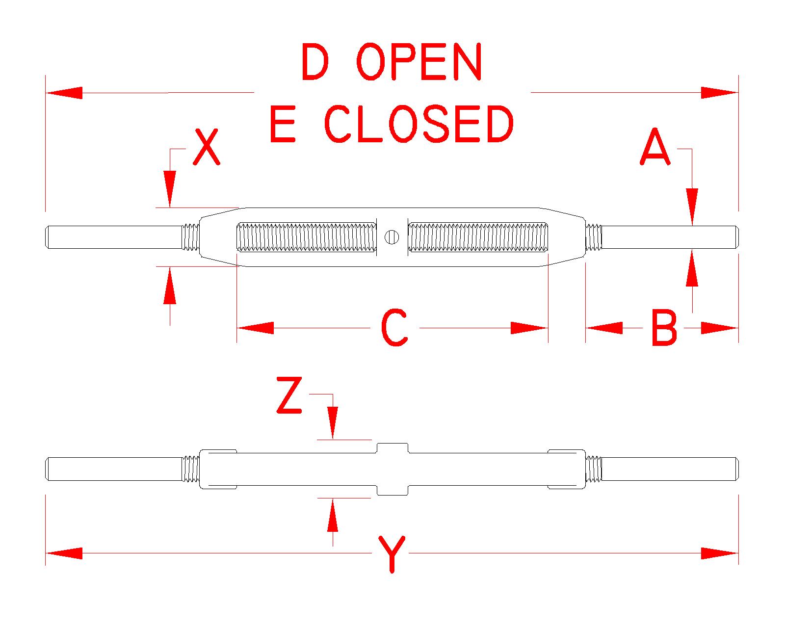 Stainless Steel Cast Stub and Stub Turnbuckle, S0154-SS05, S0154-SS07, S0154-SS08, S0154-SS10, S0154-SS10, S0154-SS16, S0154-SS20, Line Drawing